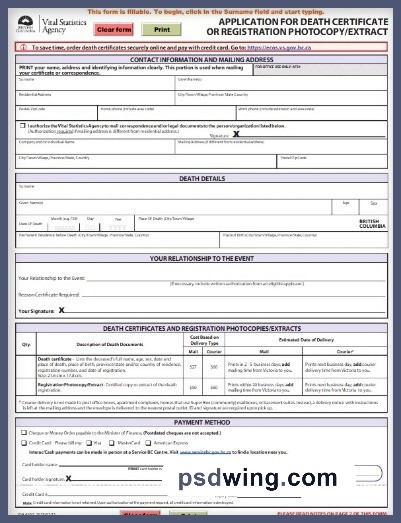 Canada British Columbia Vital Statistics Agency Death Certificate